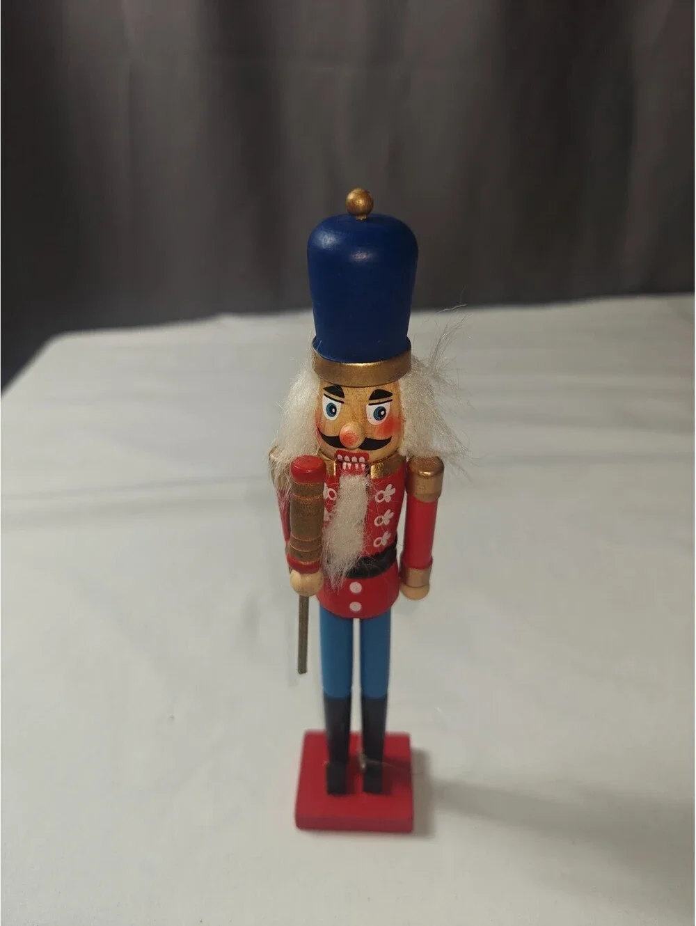 Vintage Wooden Nutcracker Soldier Red Blue Uniform Christmas Decor 9 Inch